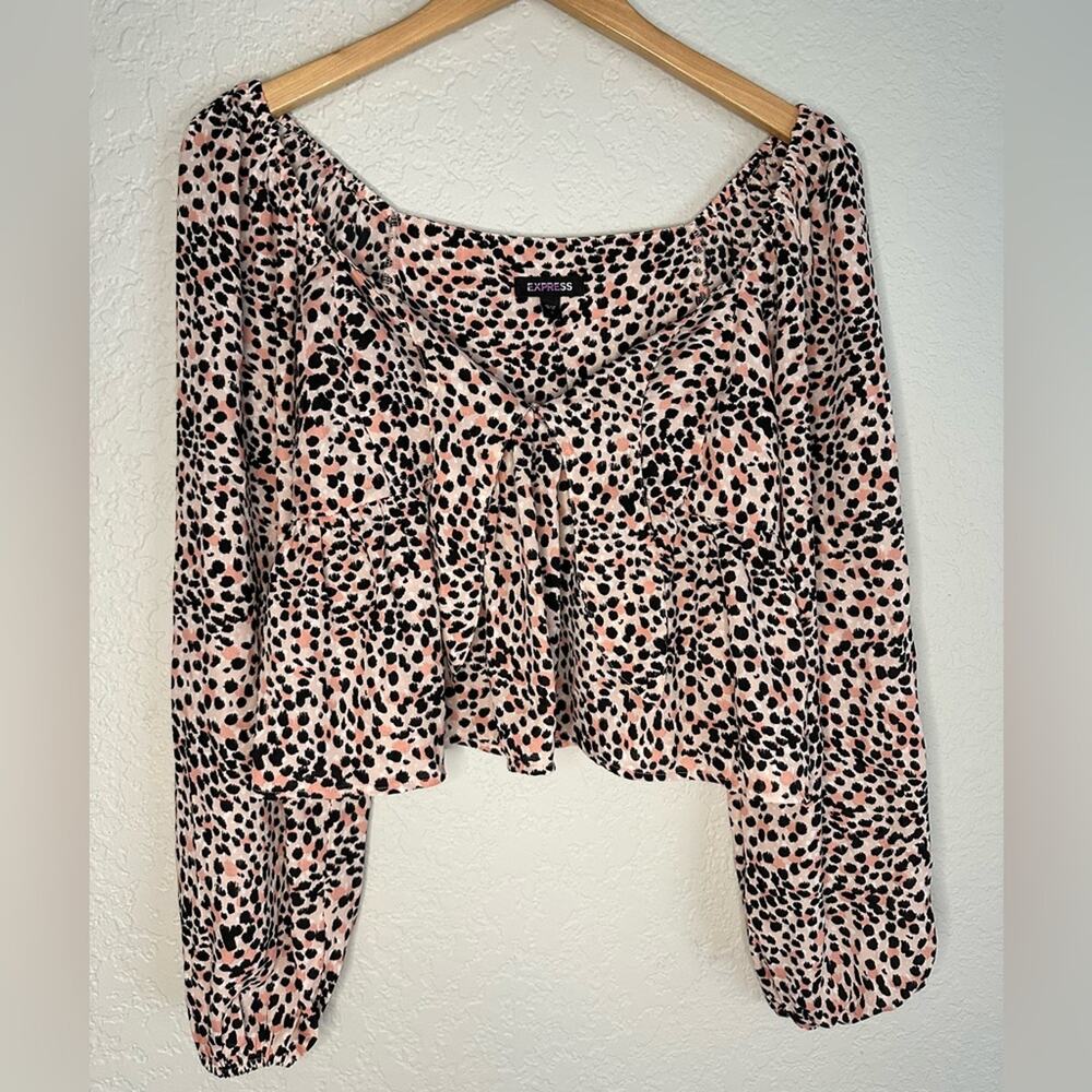 NEW Express Babydoll Top Animal Print Long Sleeve Crop Black Pink Y2K Silky NWT